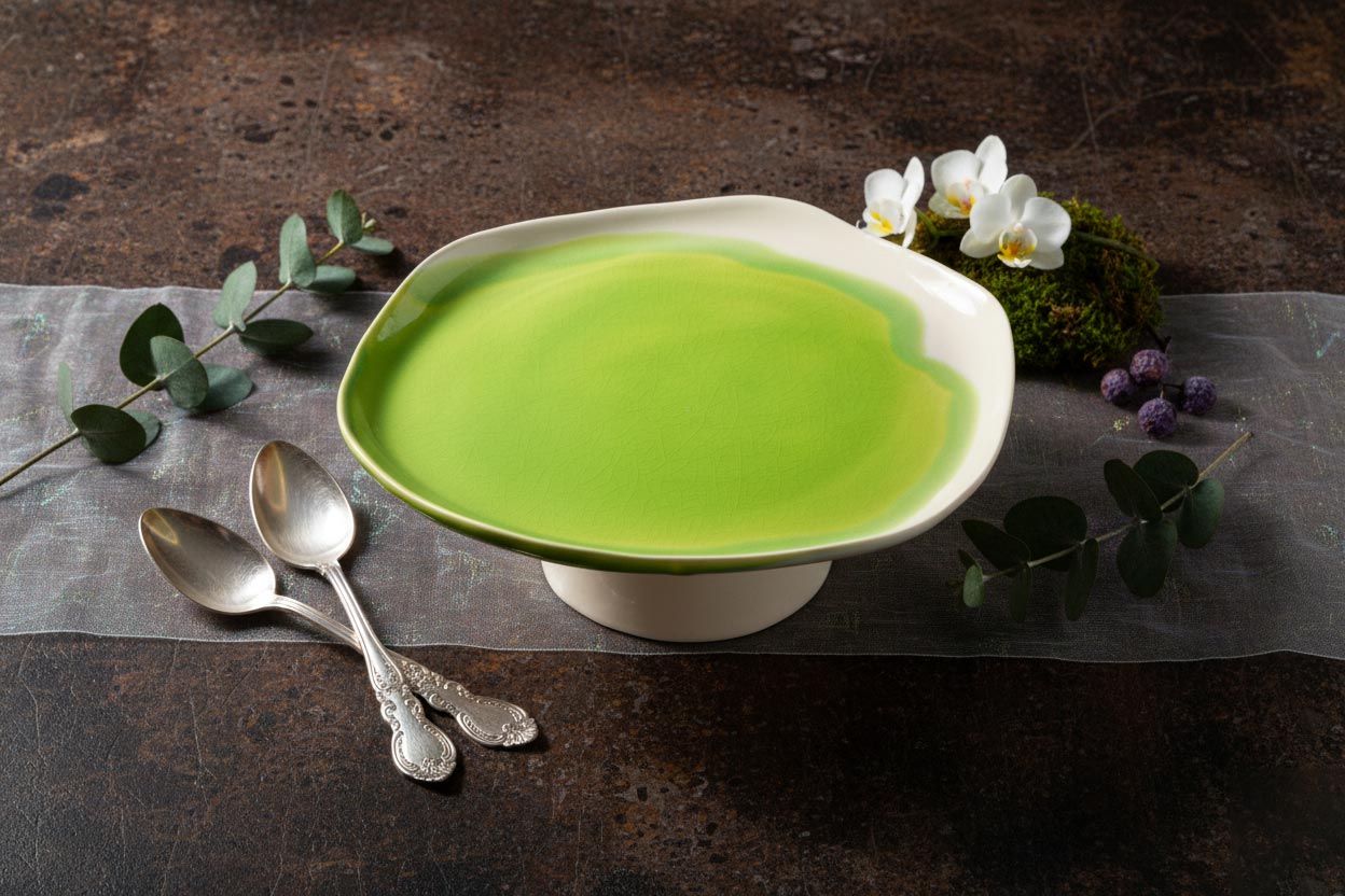 Artistic cake stand in Electric Matcha glaze on a dark table with vintage spoons and flowers