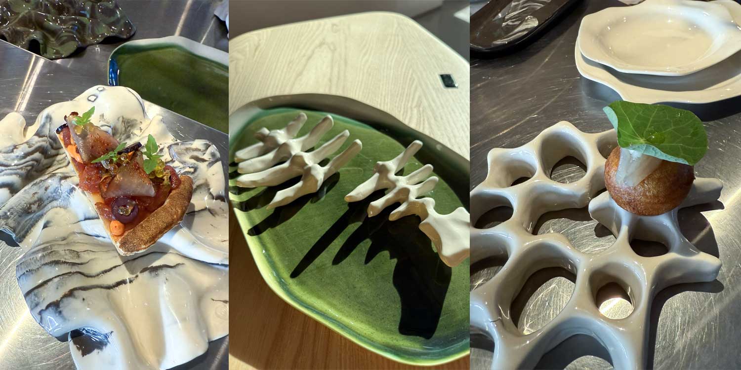 Bespoke restaurant tableware: textured grey plate, green plate with bones and sculpted dish