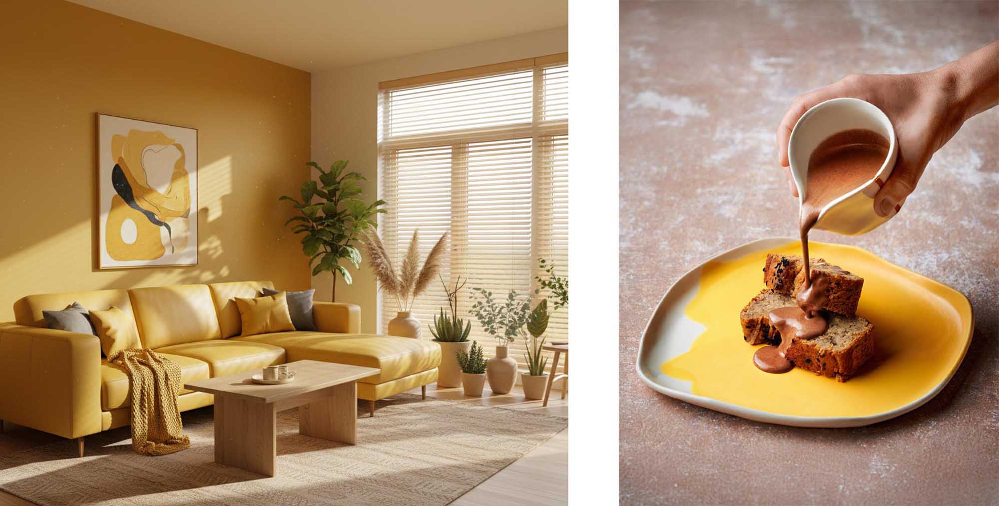 Cadmium Yellow living room interior and a dessert on a yellow glazed plate with sauce poured over