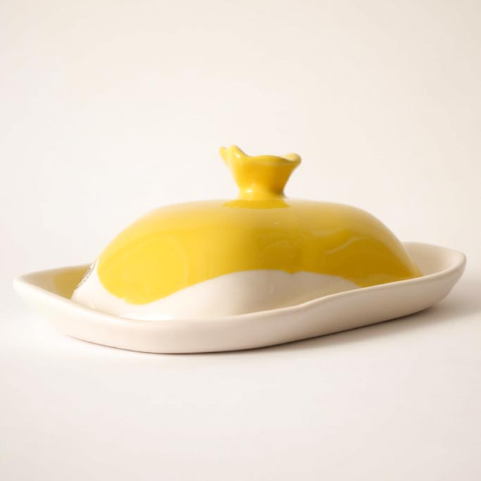 Handmade porcelain butter dish with a Cadmium Yellow glazed lid and organic knob