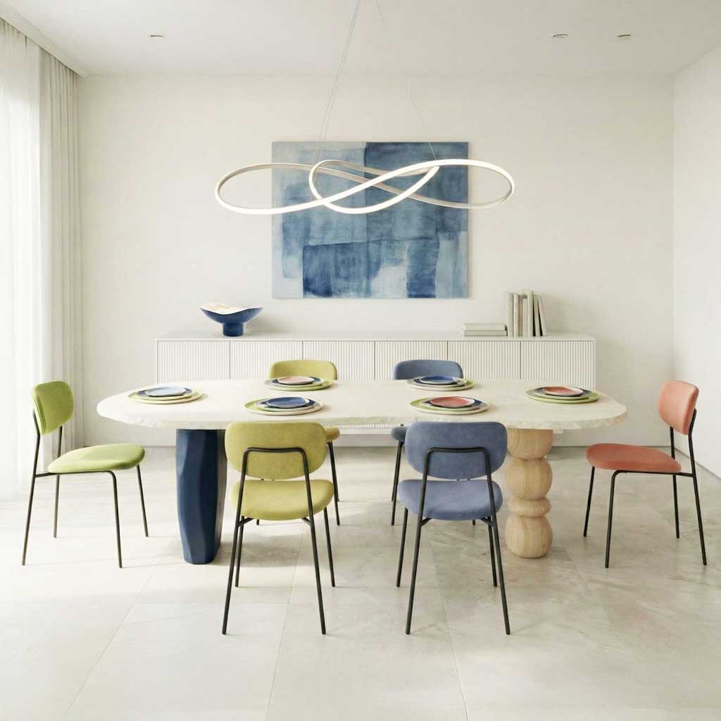 Dining room with a long table and colourful chairs set with handmade ceramic dinnerware