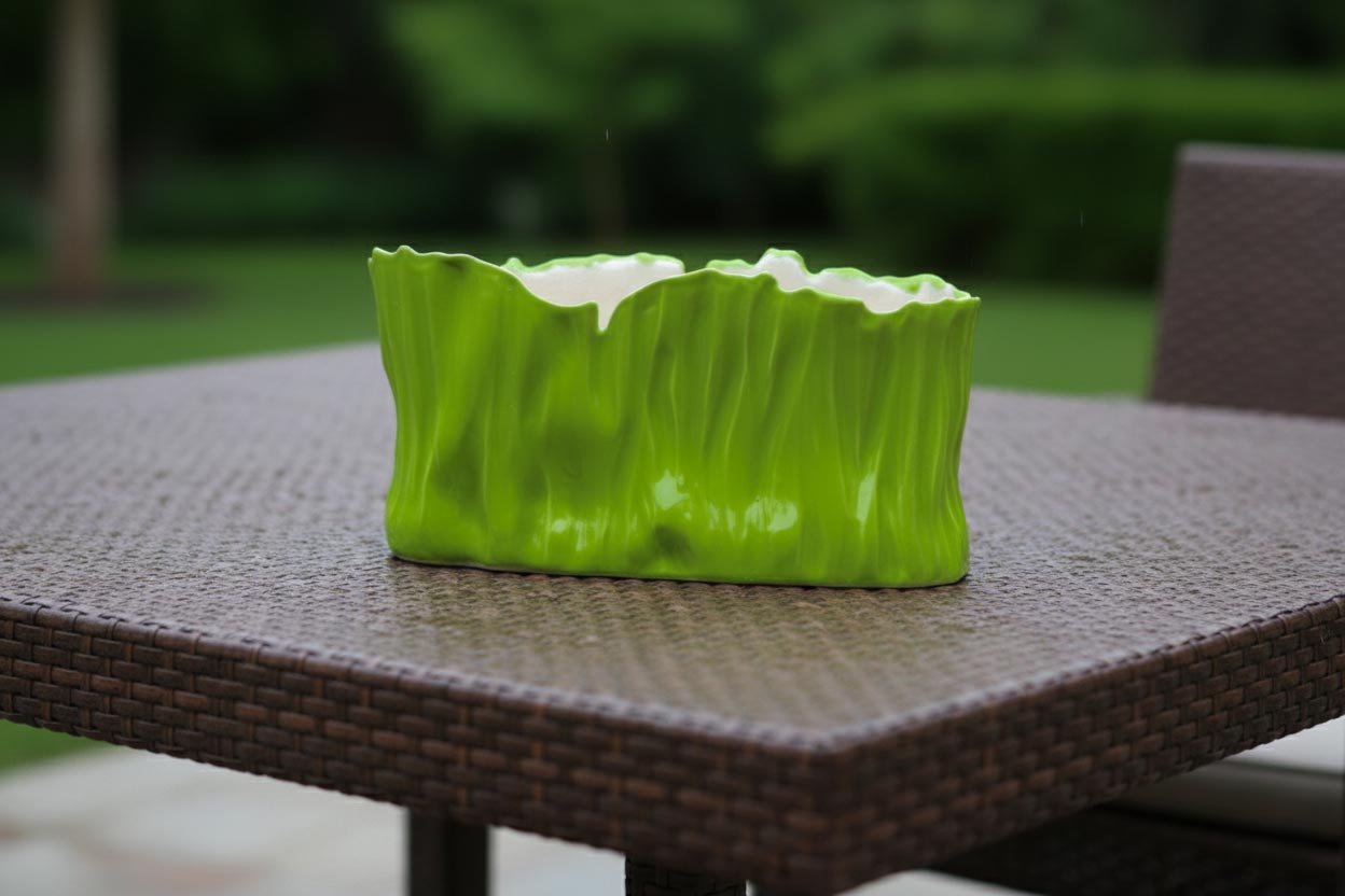 Textured ceramic planter in Electric Matcha glaze on a garden table outdoors