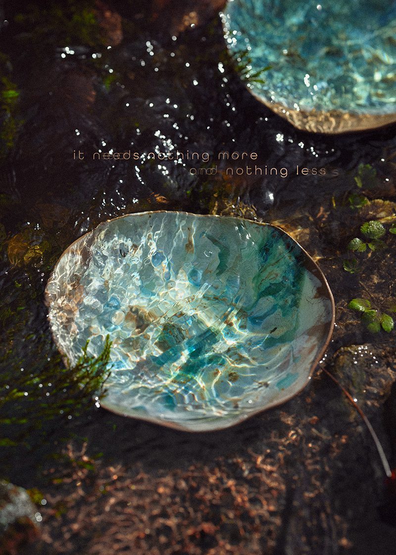 Materia Mensa Episode 1 poster: turquoise glazed porcelain plate in a running stream