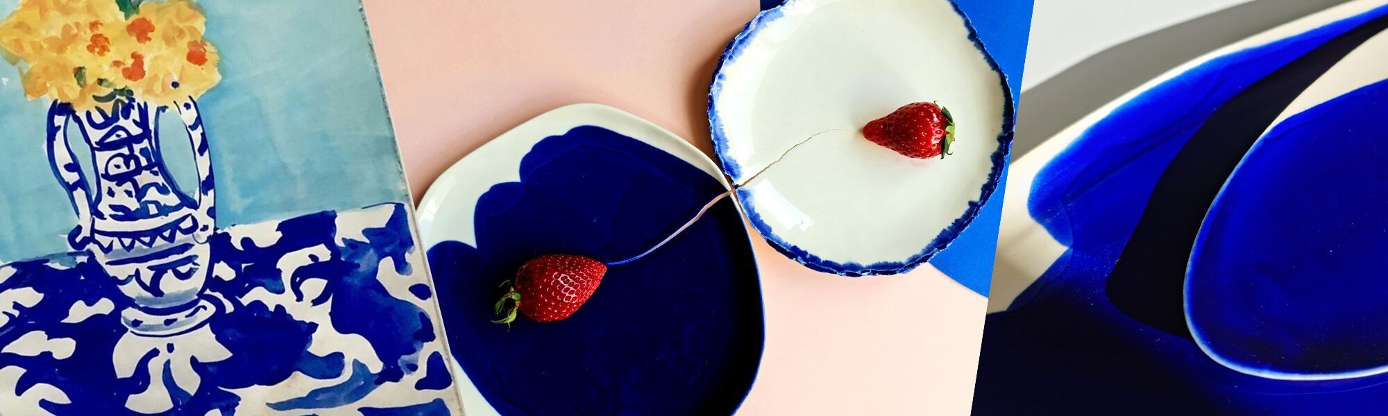 Royal Blue glaze porcelain plates with strawberries set against blue and white patterned tableware