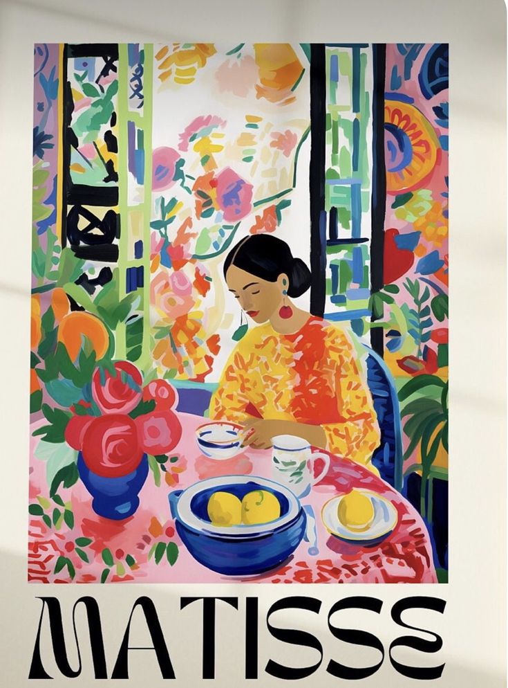 Matisse-style poster of a woman at a colourful table, a style reference for table setting