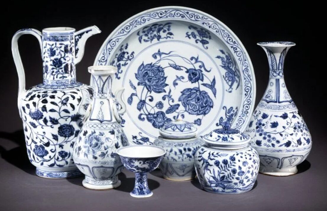 Collection of antique blue and white porcelain vases, ewer and charger, an inspiration for Royal Blue