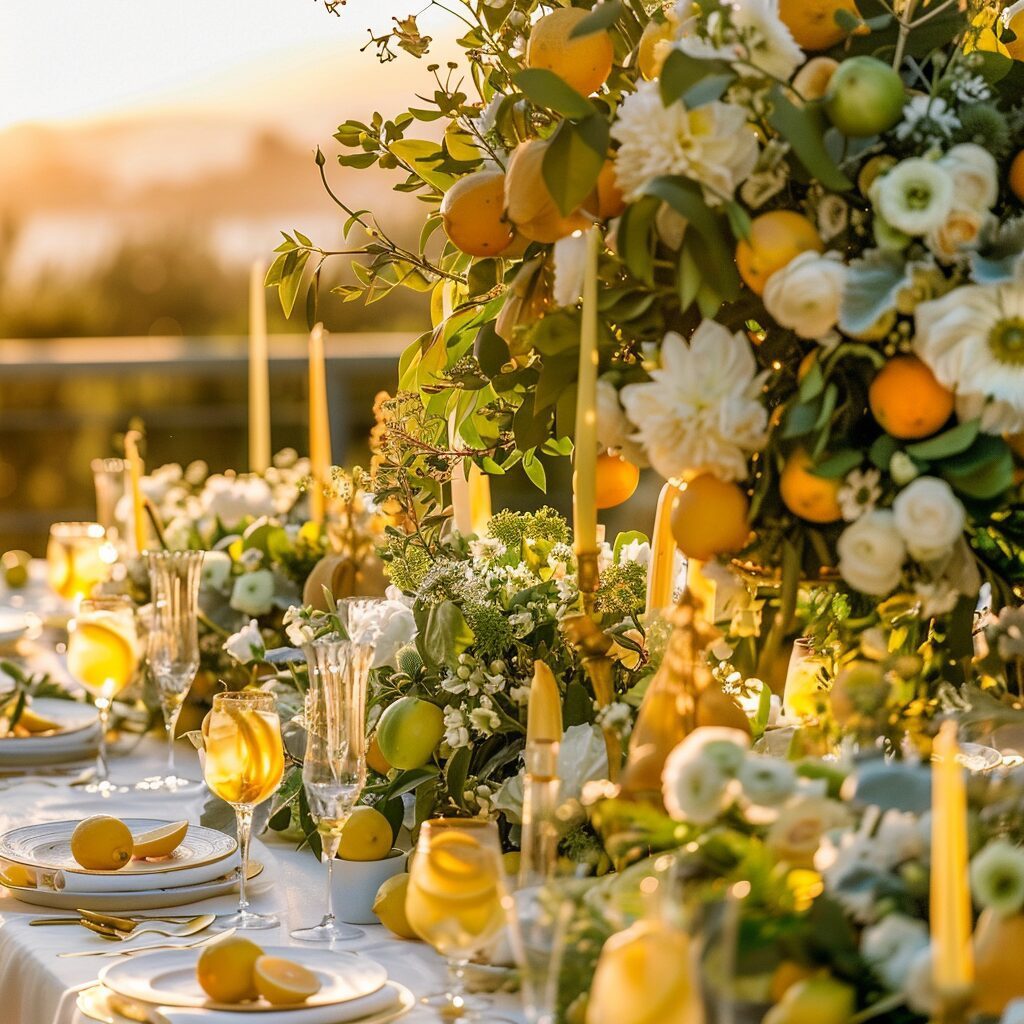 a wedding table in yellow and green