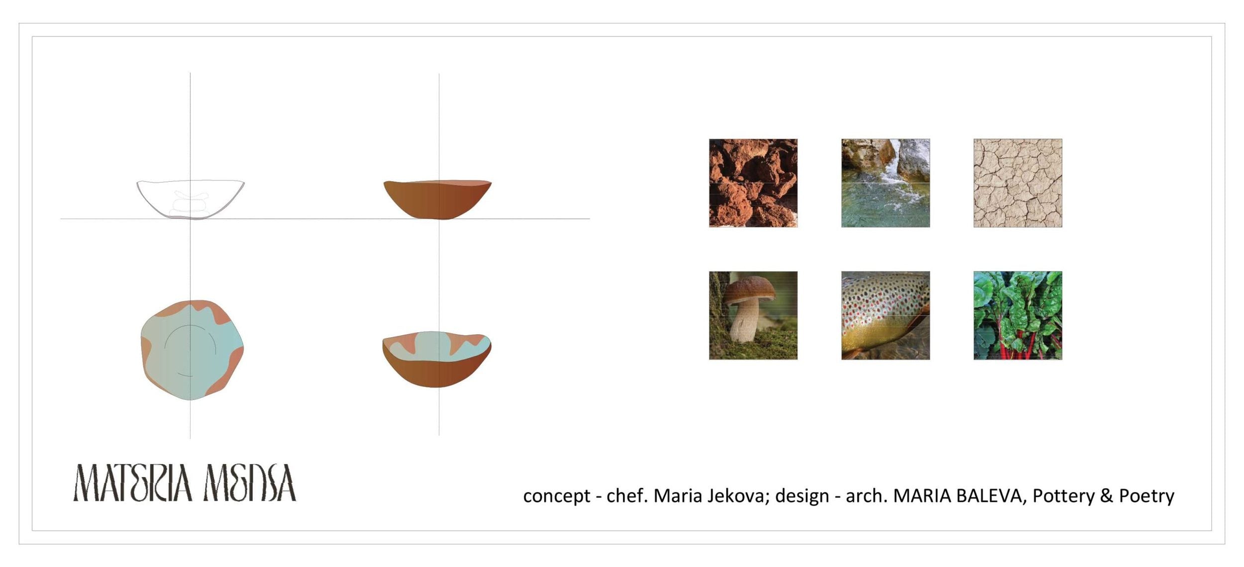 Design sketches and material references for a Materia Mensa plate by architect Maria Baleva