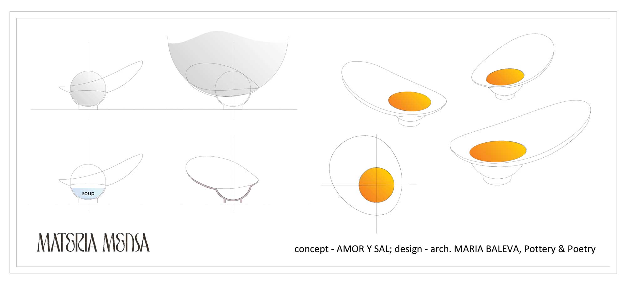 Design drawings of the egg-shaped Materia Mensa Ab Ovo bowl with a yellow yolk centre